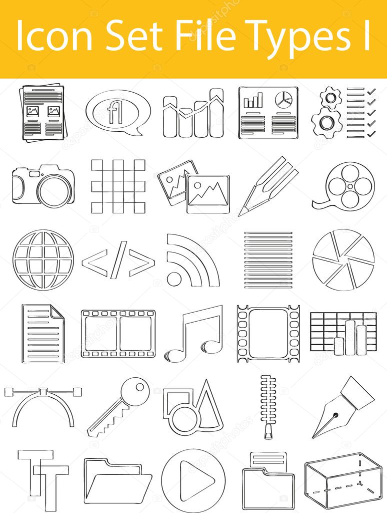Drawn Doodle Lined Icon Set File Types I with 30 icons for the creative use in graphic design