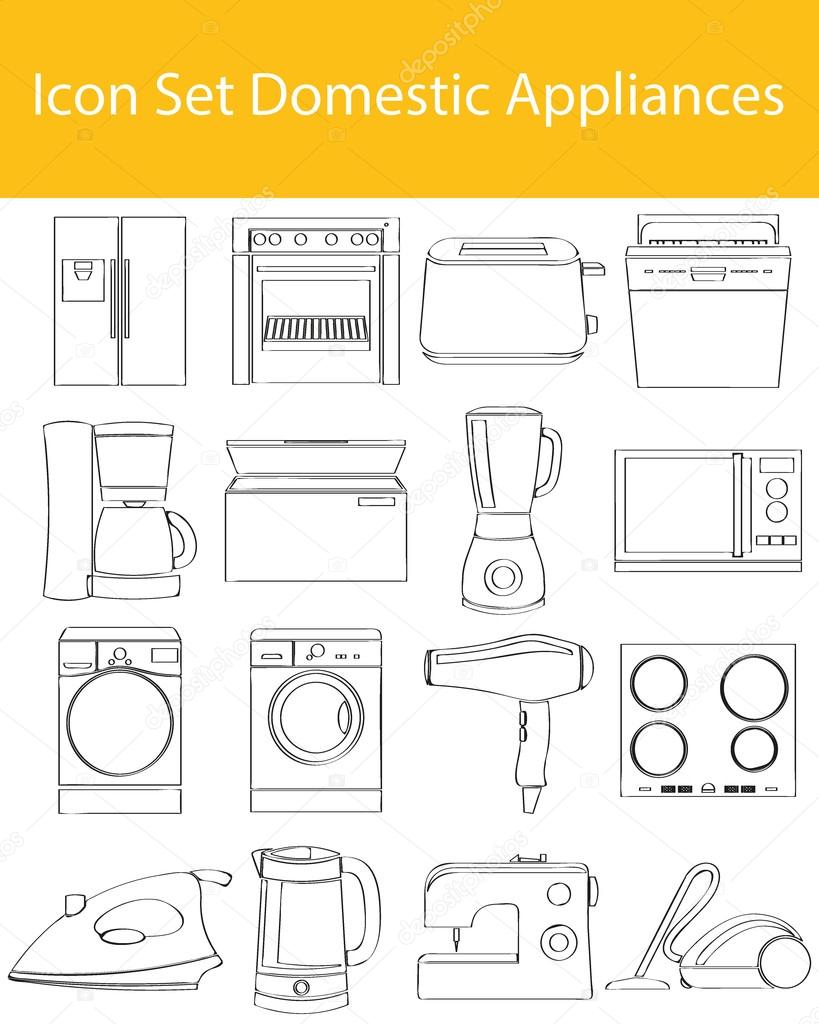 Drawn Doodle Lined Icon Set Domestic Appliances I