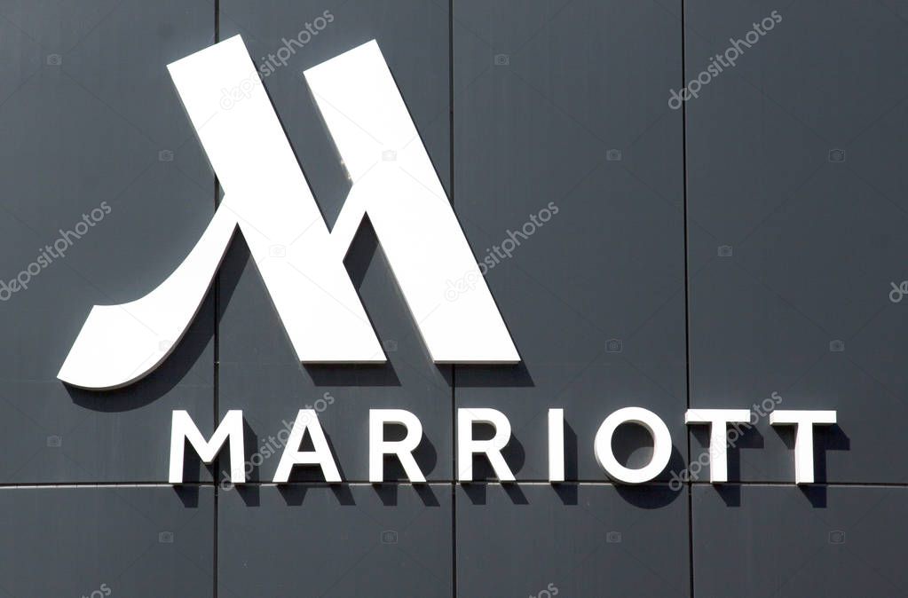 The Hague, Netherlands -april 18, 2018: Letters Marriot hotel on the facade of the hotel in the Hague