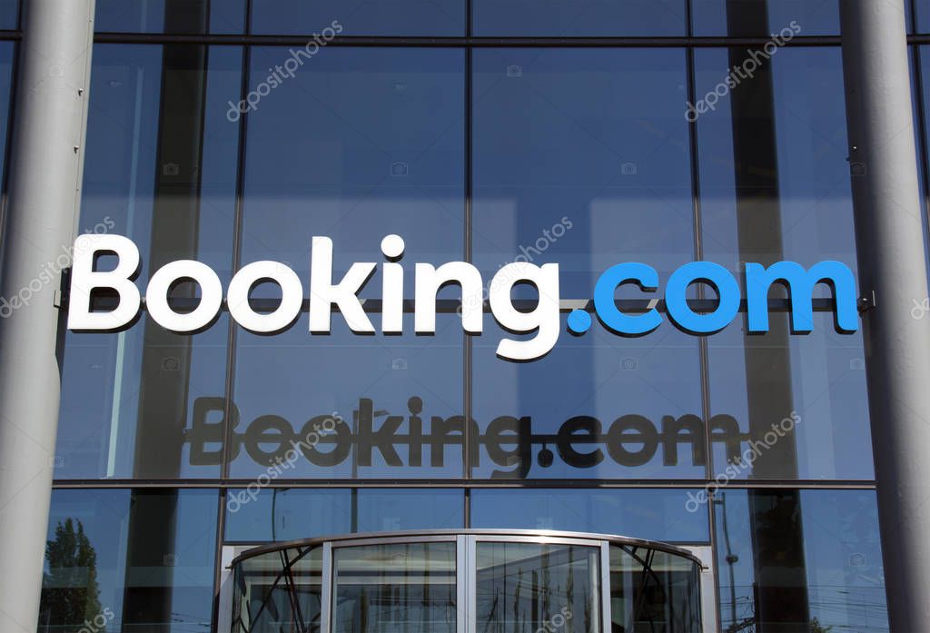 The Hague, Netherlands -may 6, 2018: Letters booking.com on the headquarter of booking.com in the Netherlan