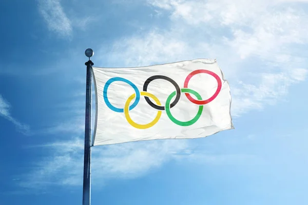 Flag of Olympic games on the mast — Stock Photo, Image