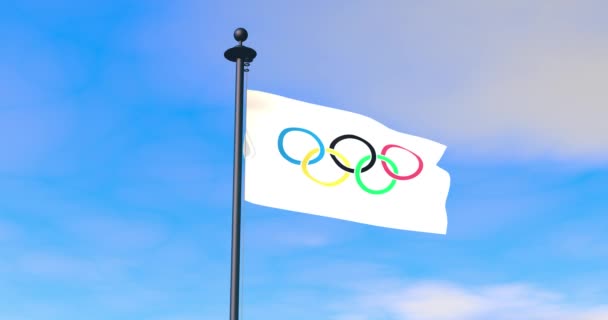 Vlajka Olympijskými Symboly Stožáru Nad Modrou Oblohou Pozadí — Stock video