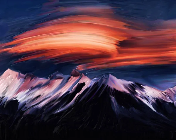 Nubes Anaranjadas Sobre Montañas Nevadas Dibujo —  Fotos de Stock