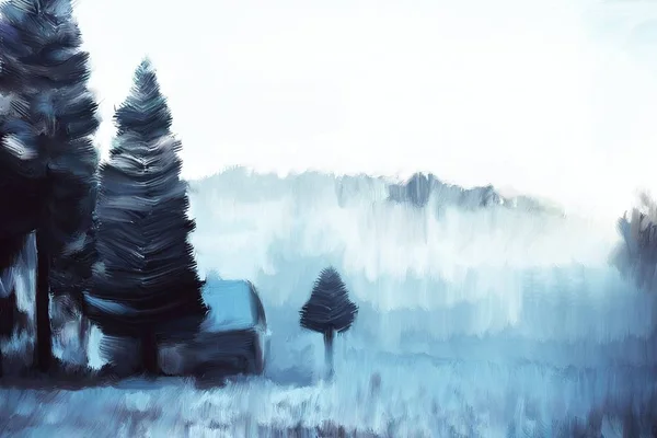 Winter landscape with trees drawing. — Stock Photo, Image