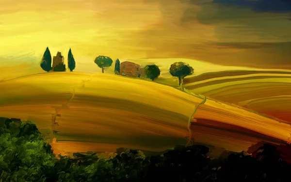 Piękny Krajobraz Toskanii Rysunek Pędzla — Zdjęcie stockowe