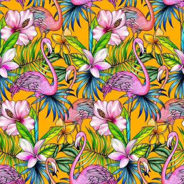 tropik çiçekler ve flamingo ile Seamless Modeli.