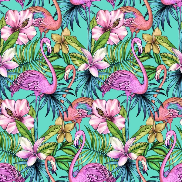 tropik çiçekler ve flamingo ile Seamless Modeli.