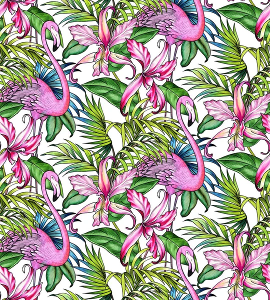 Seamless mönster med palmer och flamingo. — Stockfoto