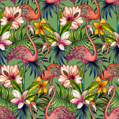 tropik çiçekler ve flamingo ile Seamless Modeli.