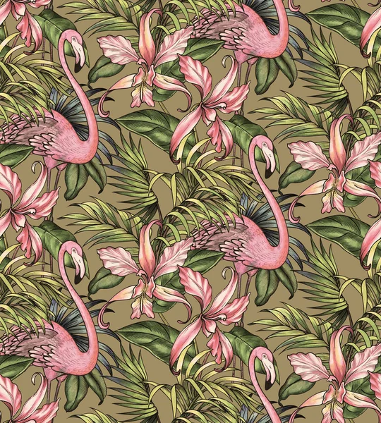 Бесшовный узор с пальмами и фламинго . — стоковое фото