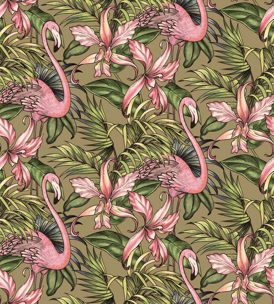 Motif sans couture avec paumes et flamant rose . — Photo