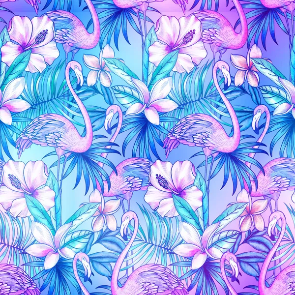 seamless pattern with tropical florals and flamingo.