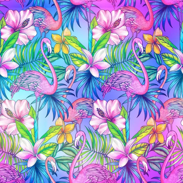 Motif sans couture avec des fleurs tropicales et flamant rose . — Photo