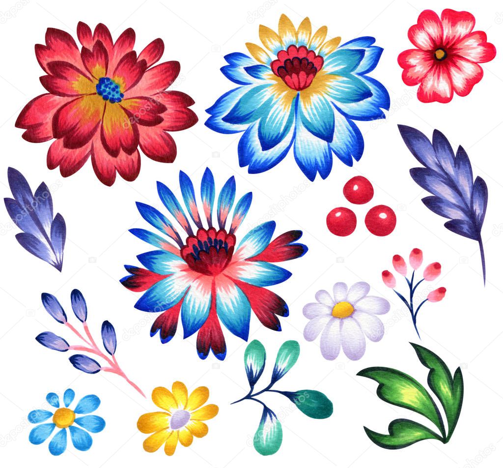 set of folk floral elements, flowers and leaves.