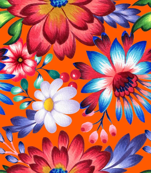 Nahtloses Muster mit Blumen und Blättern im Folkstil, ethnisches Design. — Stockfoto