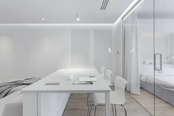 Elegante Interior Blanco Estilo Minimalista Superficie Con Agujeros Sillas Plástico — Foto de Stock