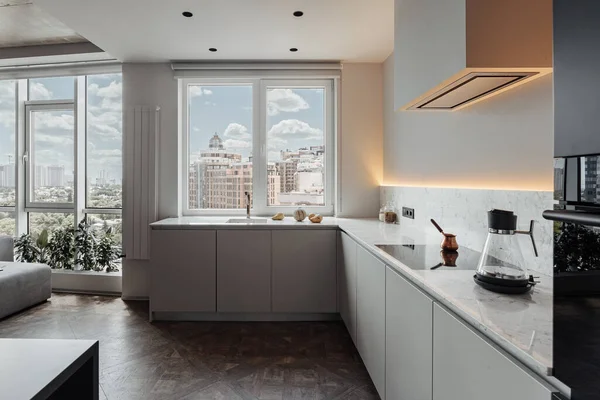 large kitchen with unusual layout, light walls, large windows, many room plants, wash by window.