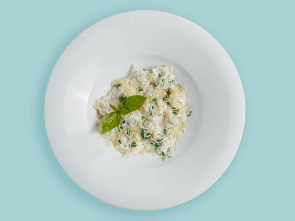 Пельмени с сыром пармезан и травами, петрушка на белой тарелке, вид сверху, сверху — стоковое фото