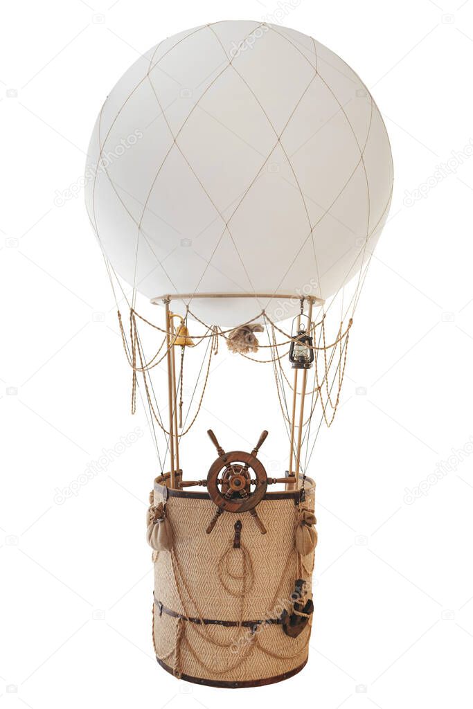 decorative balloon on a white background with a basket, ropes and a helm