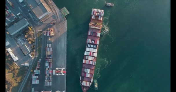 I rimorchiatori ormeggiavano una grande imbarcazione con container sulla riva del porto. Traffico merci e marittimo. Vista dalla cima del drone — Video Stock
