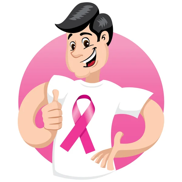 Αρσενικό μασκότ υποστήριξη του μαστού κατά την εκστρατεία ευαισθητοποίησης, φορώντας ένα άσπρο πουκάμισο με ροζ κορδέλα — Διανυσματικό Αρχείο