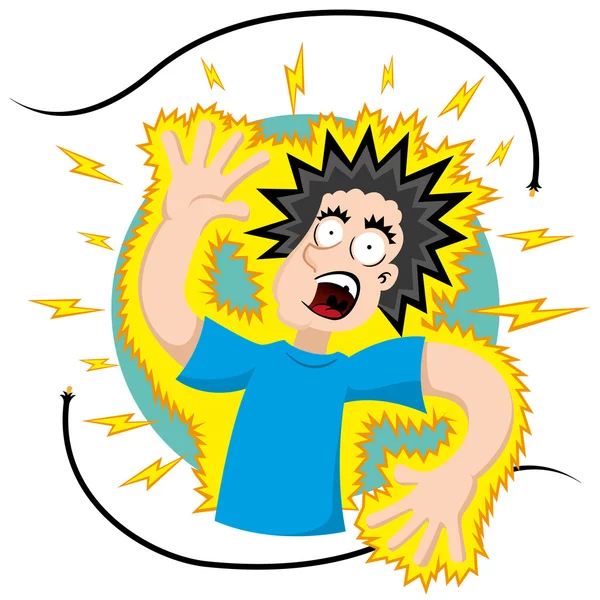 Illustration représentant une personne recevant une décharge électrique dans un fil électrique exposé. Idéal pour la sécurité et l'information — Image vectorielle