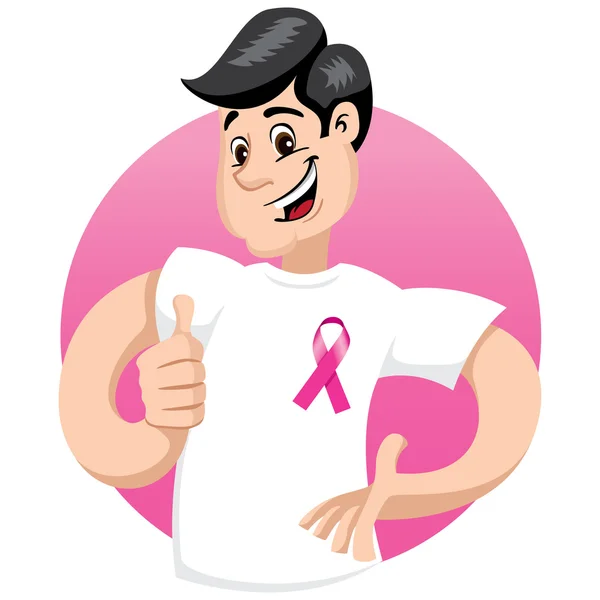 Mascota masculina que apoya la campaña de sensibilización contra el cáncer de mama, vistiendo una camisa blanca con cinta rosa. Ideal para materiales educativos e información — Vector de stock
