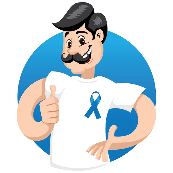 Mascotte maschile che sostiene novembre blu, contro il cancro alla prostata, indossando una camicia bianca con nastro blu e baffi. Ideale per materiali educativi e informazioni — Vettoriale Stock
