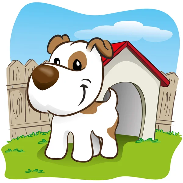Иллюстрация, изображающая собаку на заднем дворе со своим маленьким домиком — стоковый вектор