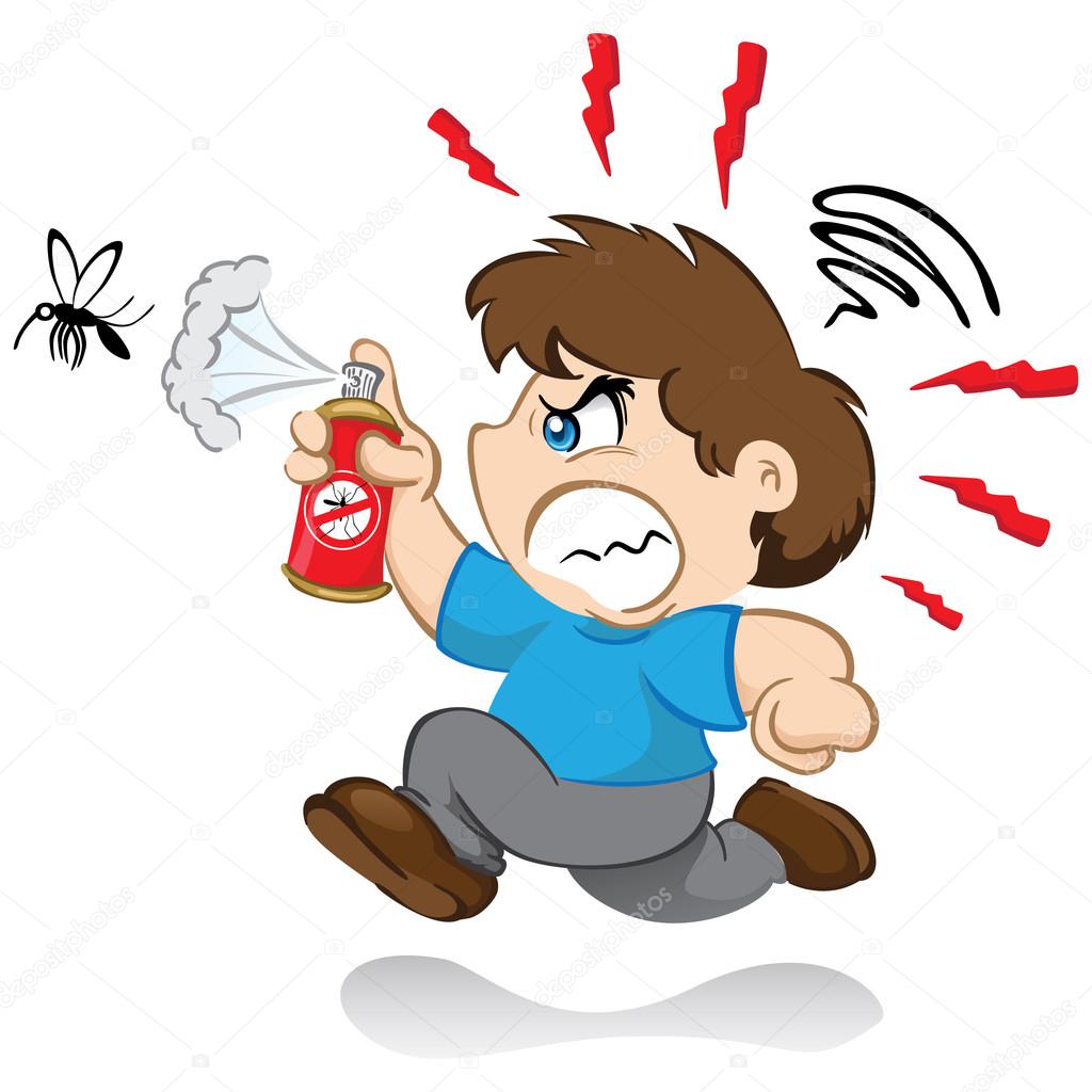 Illustration represents a character yuyu, children's mascot boy fighting the mosquito that transmits the dengue virus or zika with insecticide spray. nervous running after mosquito