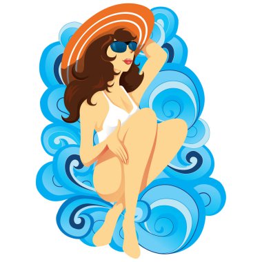 Dalgalar üzerinde plaj kıyafetleri ile bir kız Illustration. Moda kataloglar ve kurumsal malzeme için idealdir