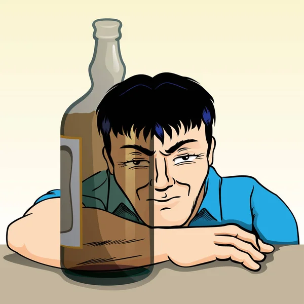 Persona ubriaca, irritata, riflessa attraverso la bottiglia di bevanda alcolica. Ideale per campagne di sensibilizzazione — Vettoriale Stock