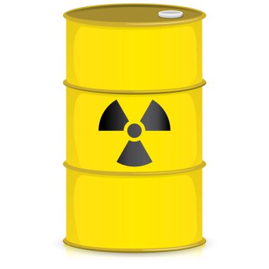 Resimde bir davul radyasyon sembolü, ürün varil ve radyoaktif enkaz ile temsil eder. Kurumsal malzemeler katalogları için idealdir