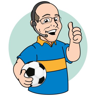 Resimde maskot kel kişi, yorum ya da spor ekran okuyucusu futbol. Promosyon veya kurumsal malzemeler için idealdir