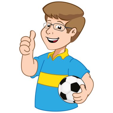 Resimde maskot kişi satıcı, futbol topu ile. Kurumsal ve eğitim malzemeleri için ideal