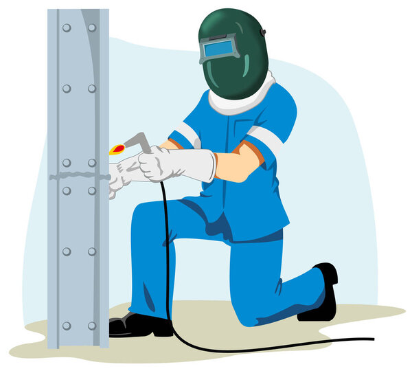 Illustration of a working man using safety equipment to weld an iron beam 