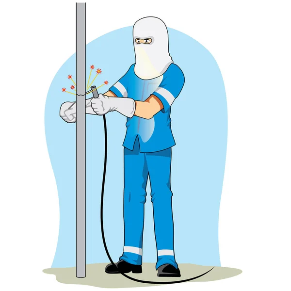 Illustration eines Arbeiters, der mit Sicherheitsausrüstung ein Bügeleisen schweißt. ideal für Sicherheitsinformationen am Arbeitsplatz — Stockvektor