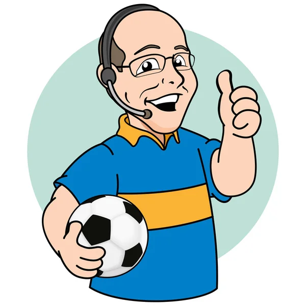 Ilustração mascote careca, comentário ou narrador esportivo do futebol. Ideal para materiais promocionais ou institucionais — Vetor de Stock