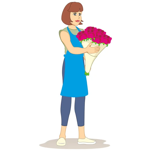 Illustrazione persona vendita mascotte, fiorista con un mazzo di rose in mano. Ideale per materiali istituzionali ed educativi — Vettoriale Stock