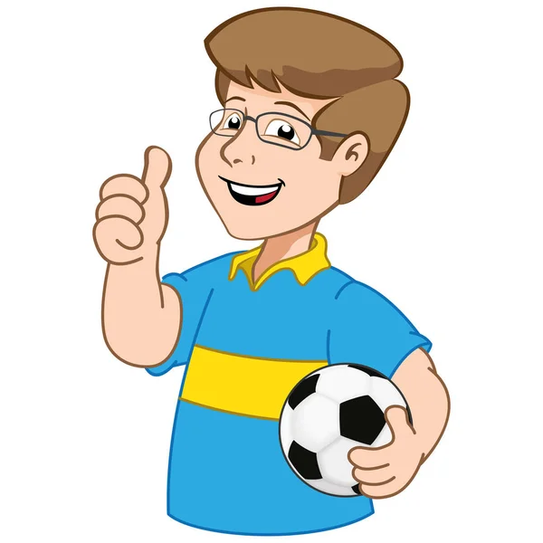 Ilustração mascote pessoa vendedor, com bola de futebol. Ideal para materiais institucionais e educacionais — Vetor de Stock