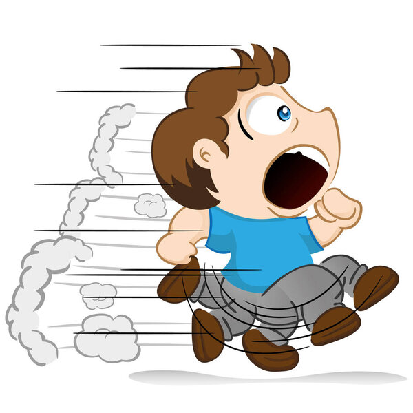 Yuyu character, boy child mascot running away or hurrying from something. Ideal for institutional or educational materials