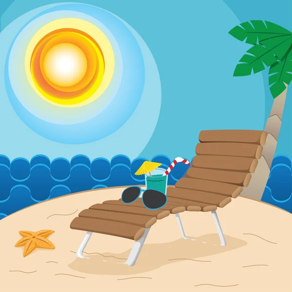 Ilustração de uma paisagem tropical de uma praia em férias de verão. Ideal para turismo e materiais de viagem —  Vetores de Stock