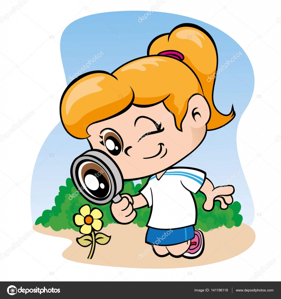 Ilustracja Przedstawiająca Dziewczynka Oglądając Kwiaty Pod