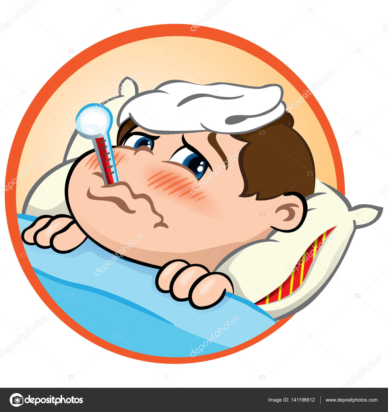 Image vectorielle Illustration est un enfant malade au lit avec des  symptômes de fièvre et thermomètre dans la bouche par ©Lcosmo - 141196612, image size:1600x1700