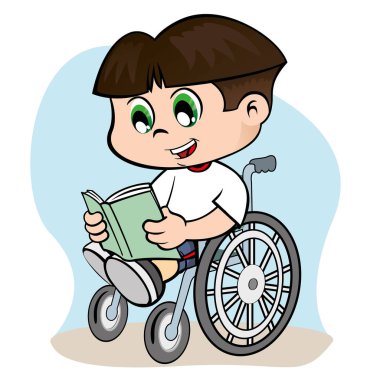 Bir kitap okuma tekerlekli sandalyede özel ihtiyaçları olan bir çocuk resmi 