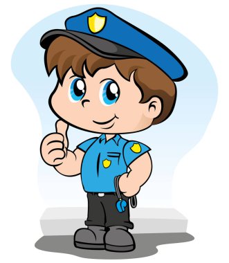 Bir düdük tutarak ve bir ok işareti ile elini yapma bir çocuk polis üniforması temsil eden illüstrasyon 
