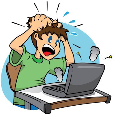 Illustrationof bir persondesperatestudentwith bir damagedlaptop