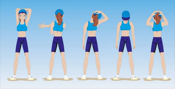 Illustration d'une fille montrant des exercices d'étirement physique — Image vectorielle