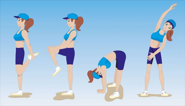 Illustrazione di una ragazza che mostra esercizi di stretching fisico — Vettoriale Stock