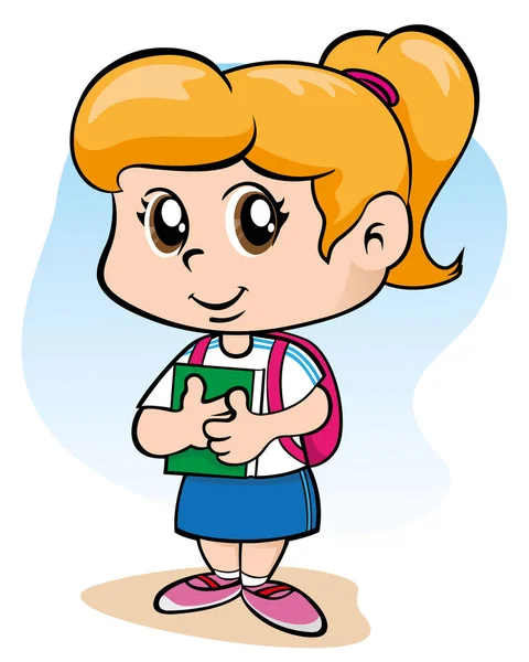Illustration, die ein Kind mit einem Rucksack zeigt, der ein Buch hält — Stockvektor